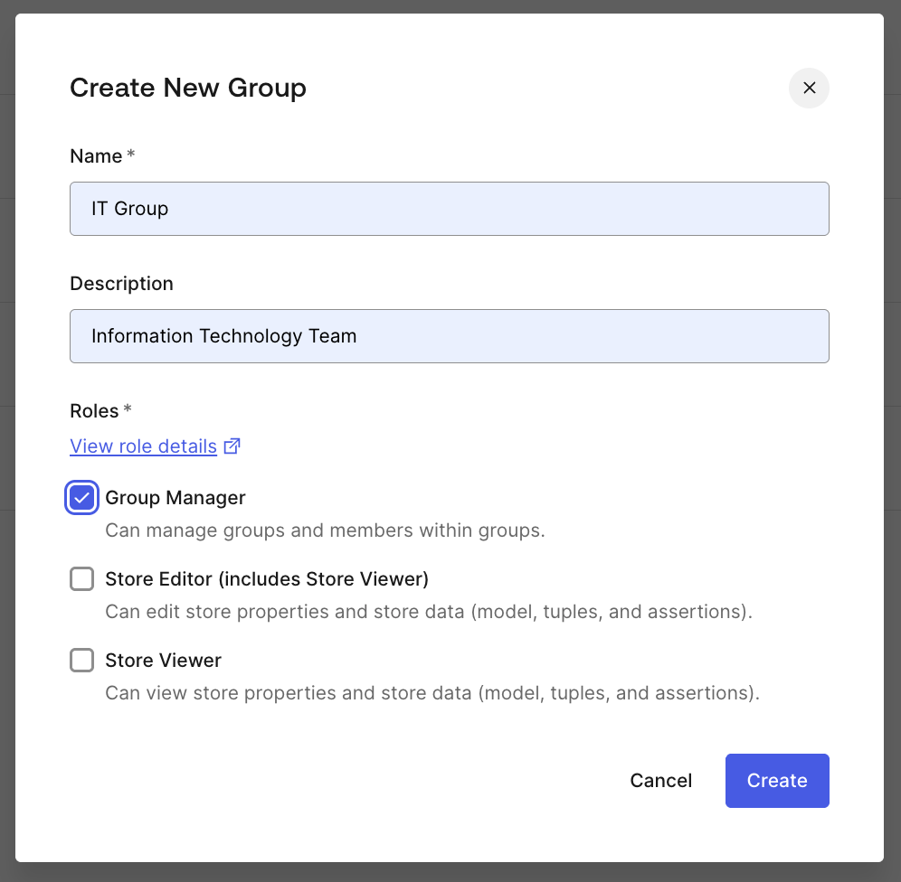 Create New Group modal showing Group Manager role selected