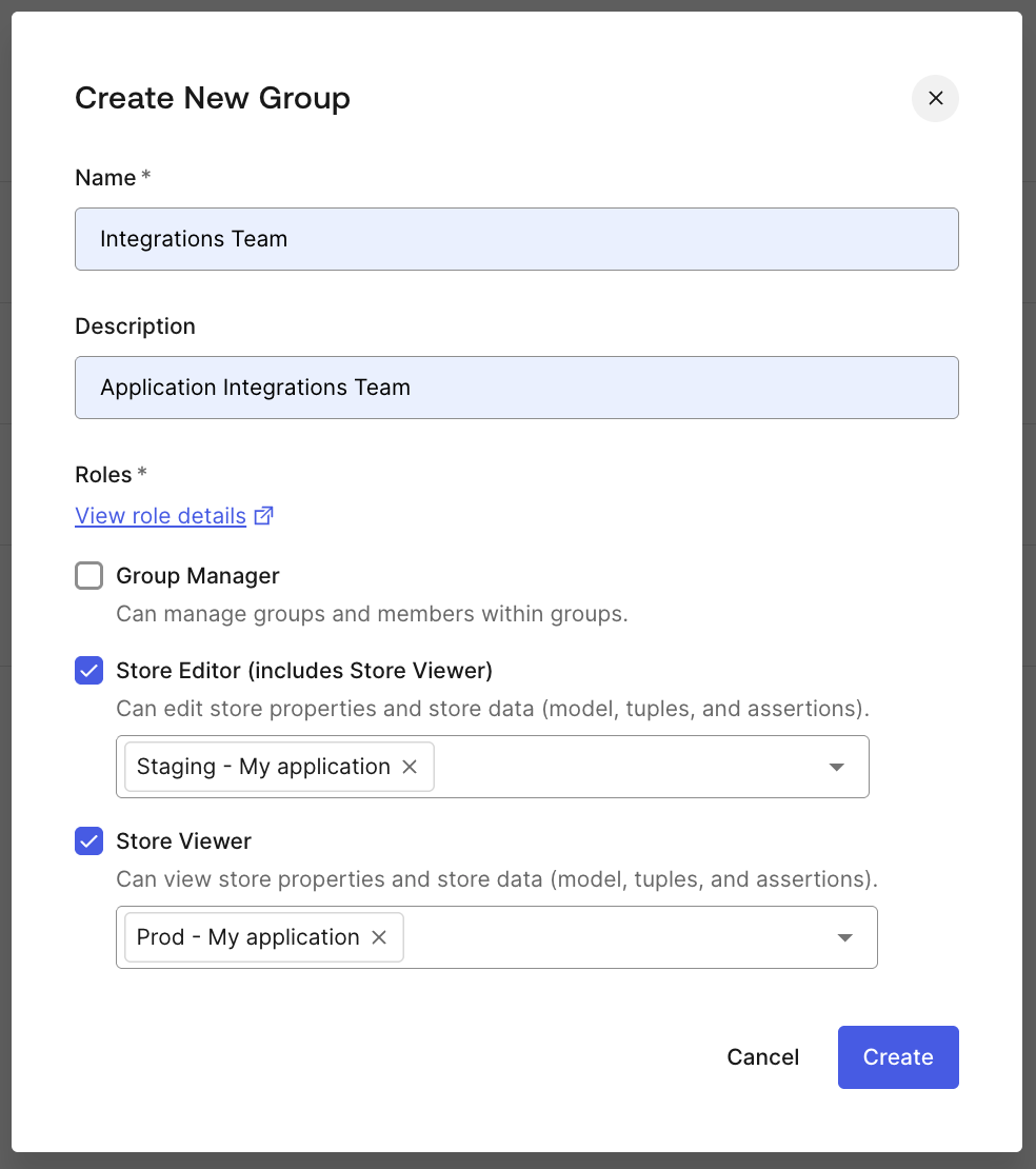 Create New Group modal showing Store Editor for staging and Store Viewer for production