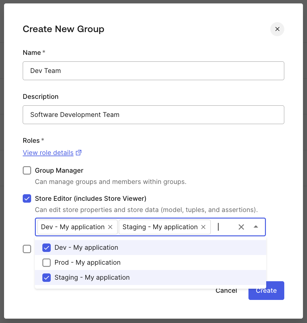 Create New Group modal showing Store Editor role with store selection dropdown