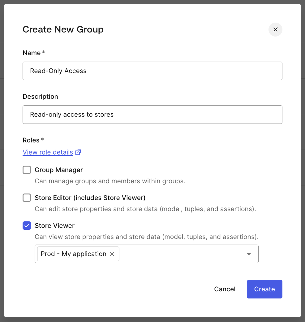 Create New Group modal showing Store Viewer role scoped to a production store