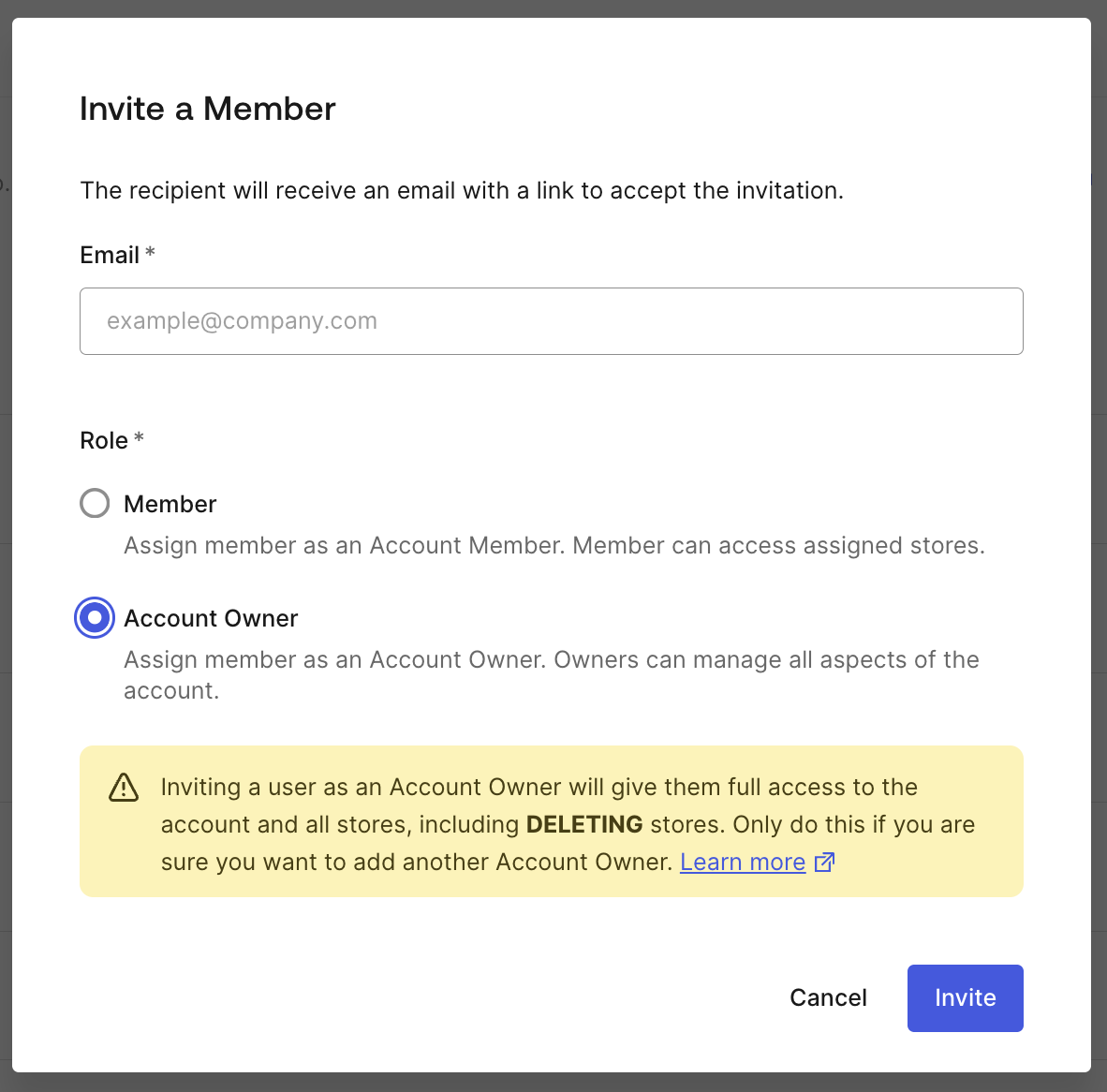 Invite a Member modal showing Account Owner role selected with warning