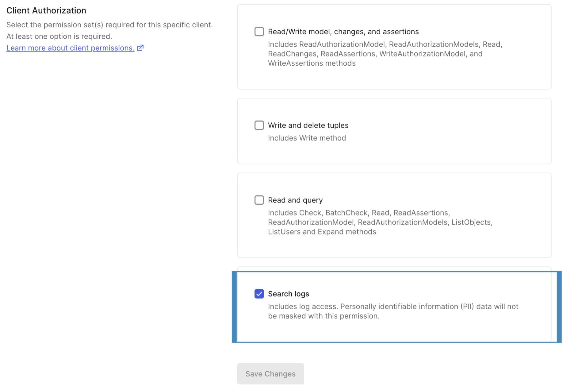 Image showing the search logs store client scope