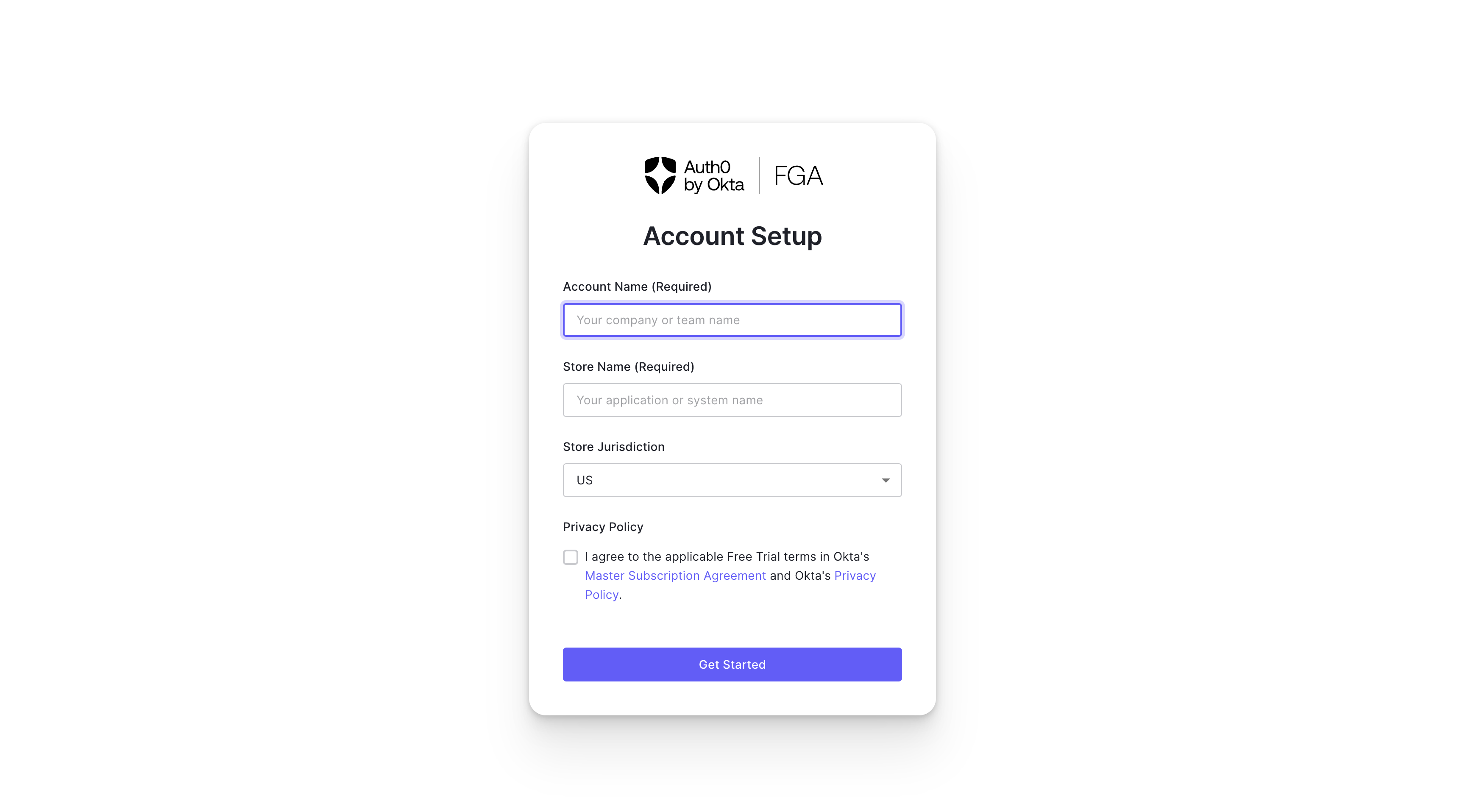 Image showing the Okta FGA Dashboard signup screen