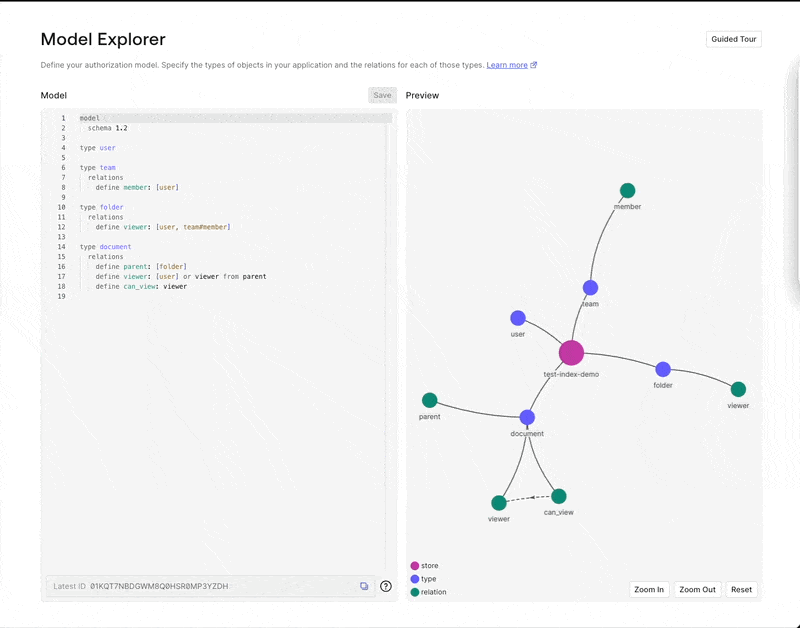 Uploading the demo model file in the FGA Dashboard Model Explorer
